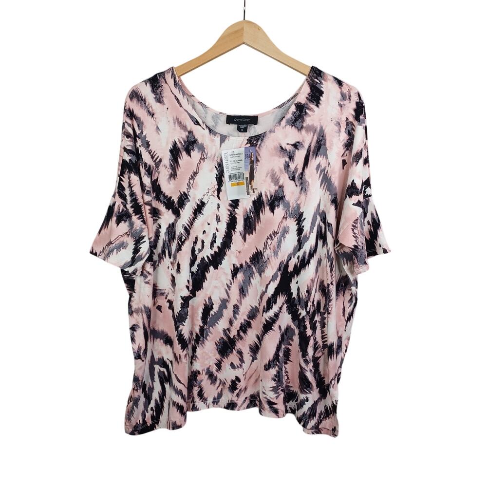 Karen Kane Side Slit Tunic Half Sleeve Stretch Knit Top S Pink Abstract Boxy NWT